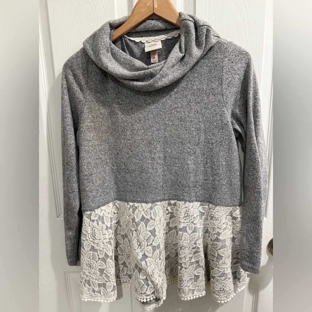 Knox Rose Gray Cowl Neck Sweater with Lace Hem